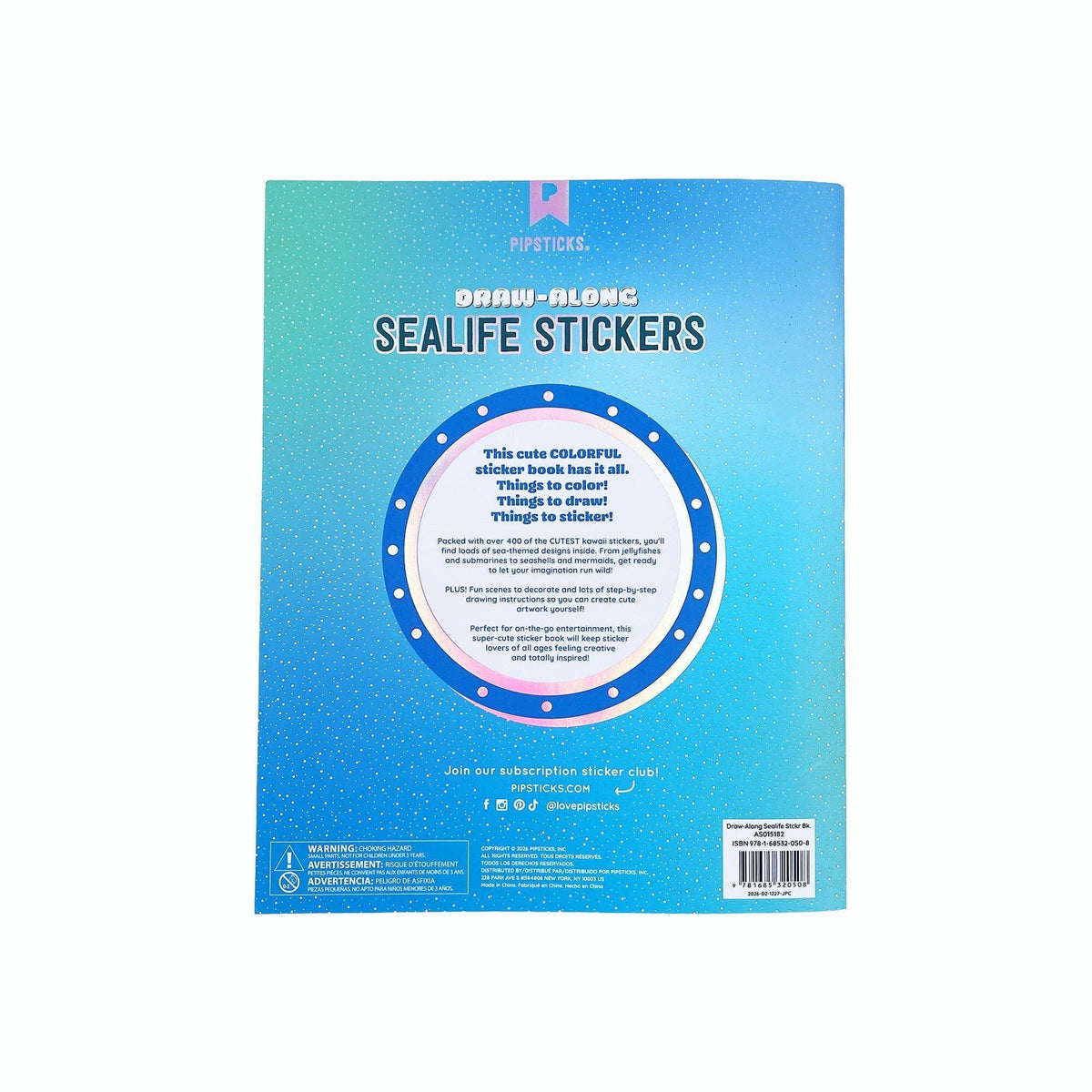 Draw-along sealife sticker book, blue back cover with draw-along sticker instructions