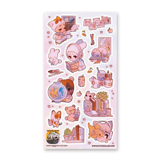 Sticker sheet with cute cartoon characters, animals, books, and desk accessories