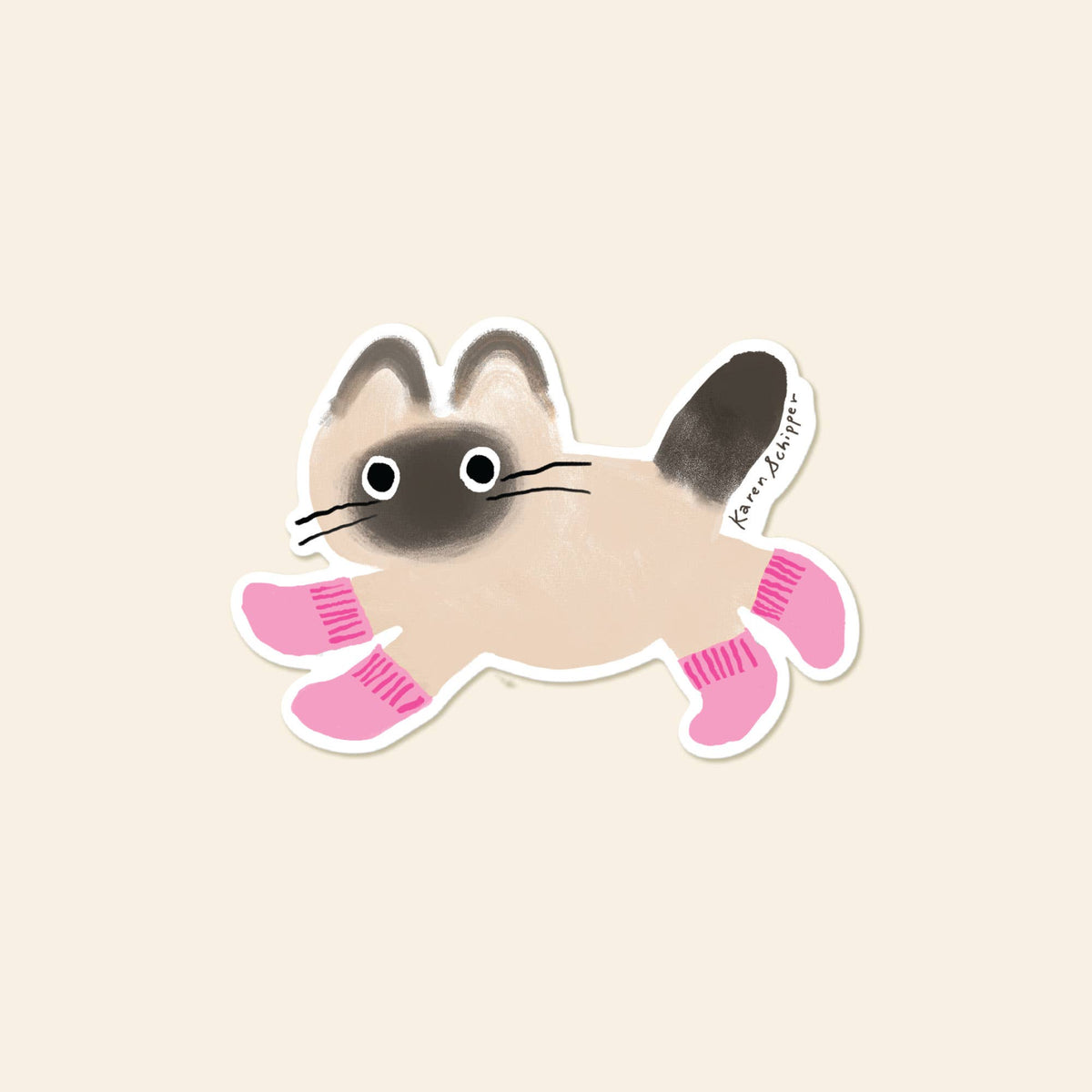 Cat socks sticker with a beige cat wearing bright pink socks and a white outline.