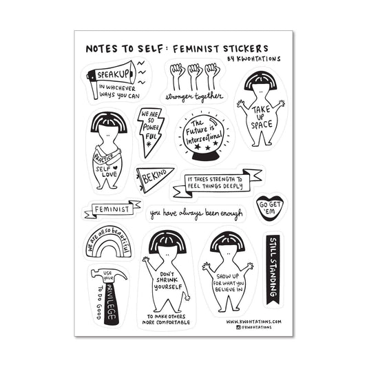 Clear sticker sheet with feminist quote icons and inspirational figures, journaling labels