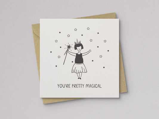 Magical letterpress card with cat witch illustration and “You’re Pretty Magical,” plus kraft envelope