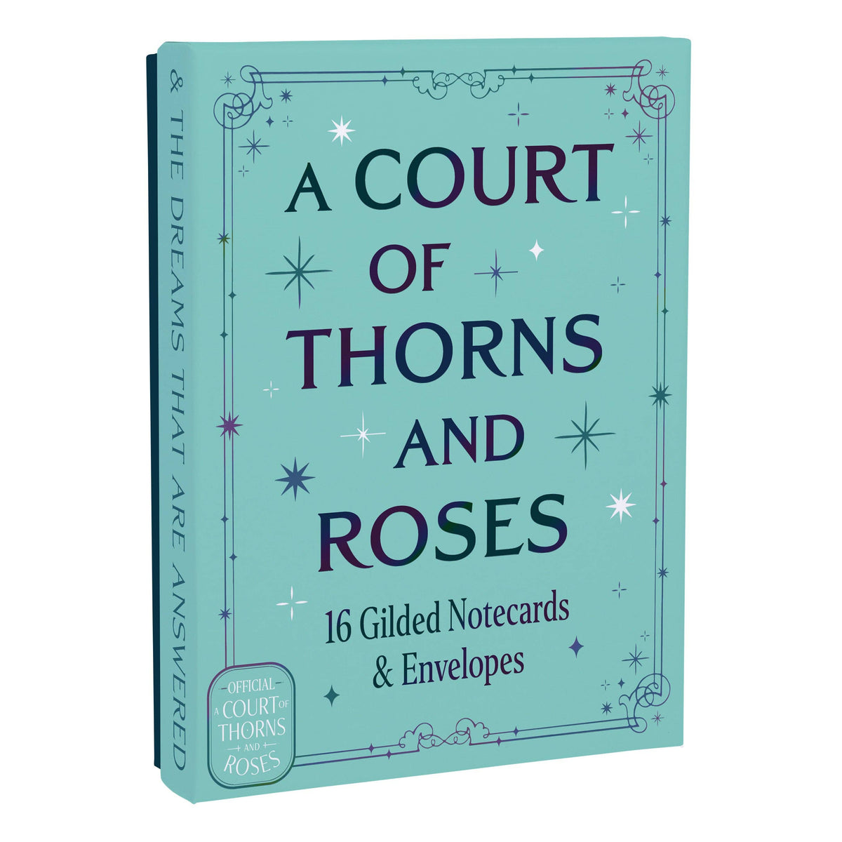 Teal gilded notecard box with gold title text and vertical spine quote