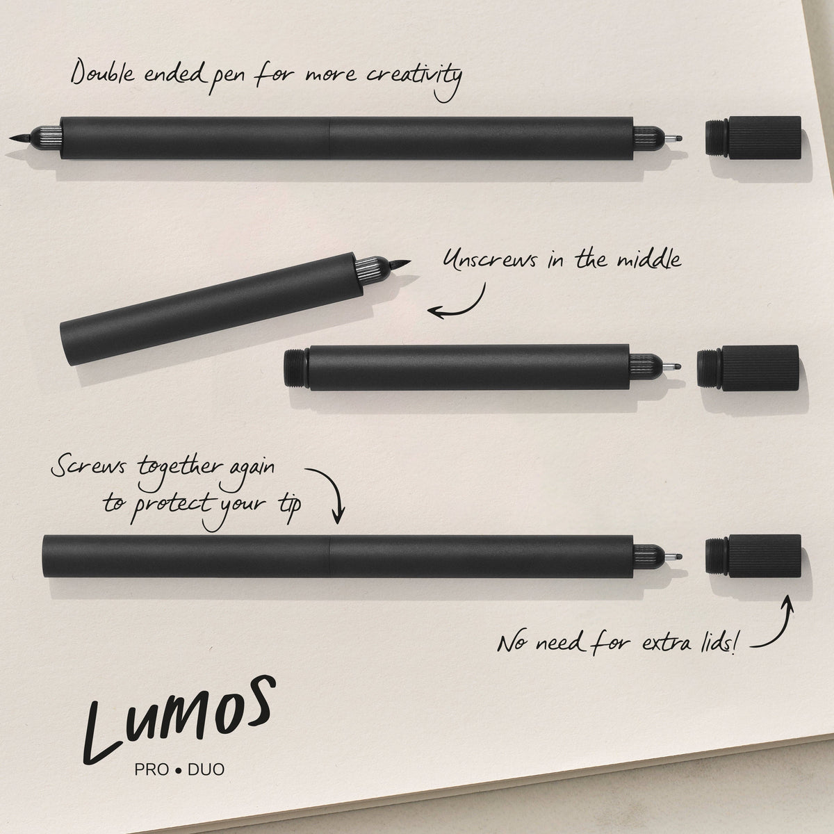Black double-ended pen tips with protective caps, shown as interchangeable units