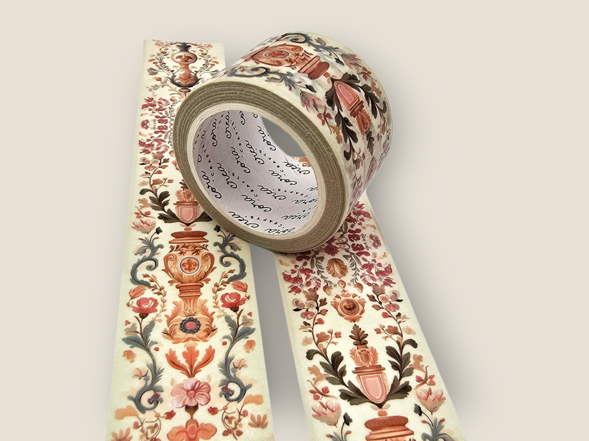 Ornate tapestry washi tape roll with decorative floral, bird, and swirl details