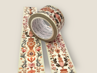 Ornate tapestry washi tape roll with decorative floral, bird, and swirl details