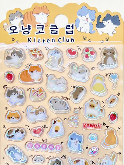 Kitten club sticker sheet with holographic cat and fruit icons on beige and cream