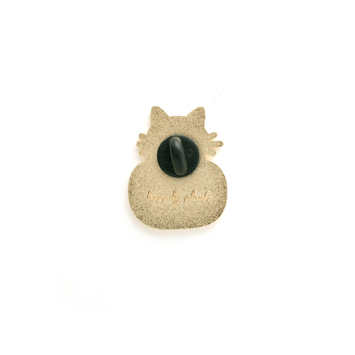 Back of enamel cat pin with gold glitter backing and black clasp