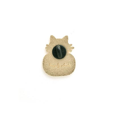 Back of enamel cat pin with gold glitter backing and black clasp