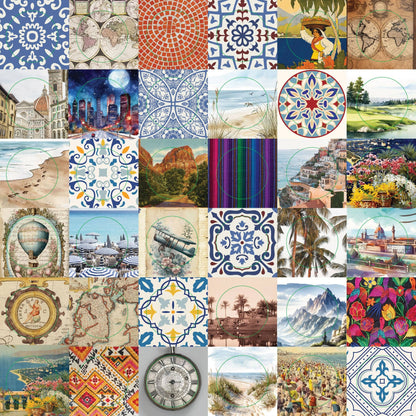 Sticker sheet of travel scenes, maps, landscapes and decorative tile patterns