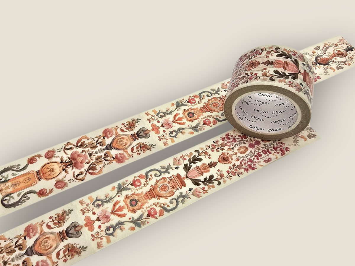 Tapestry washi tape roll with ornate vintage floral and bird pattern