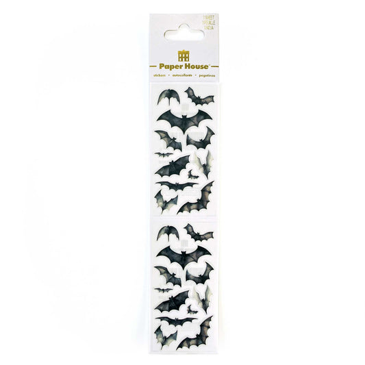 Bat stickers pack with multiple black-and-white bat shapes on a backing card