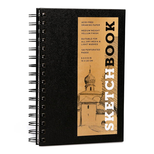 Black spiral hardcover sketchbook with printed tower artwork on the front cover