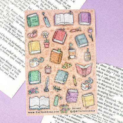 Glitter sticker sheet showing books, stationery, cups, and flowers in pastel art