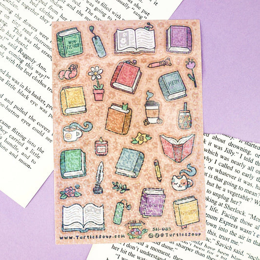 Glitter sticker sheet showing books, stationery, cups, and flowers in pastel art