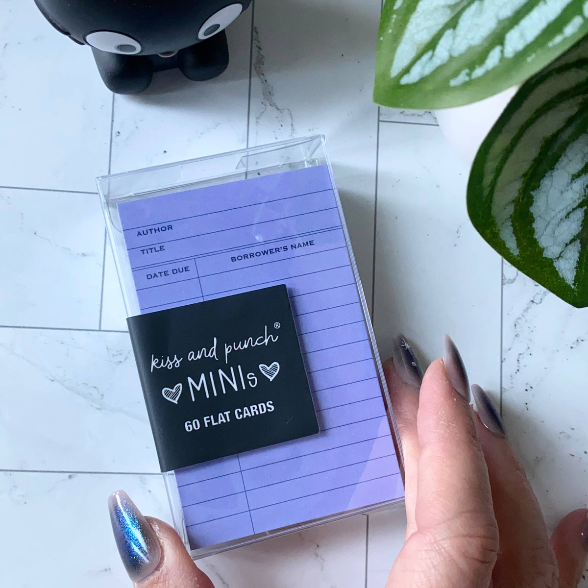 Purple library card mini notecards in a clear case
