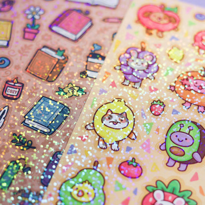Glitter sticker close-up showing small animal icons with shiny sparkles