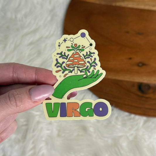 Virgo astrology sign sticker with illustrated maiden and green “Virgo” text