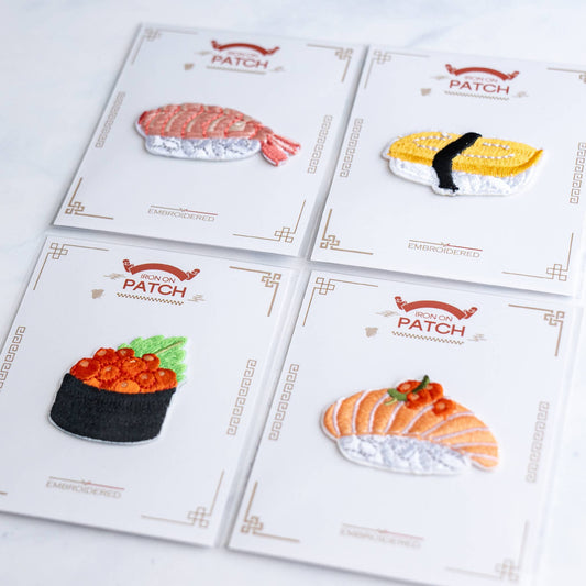 Embroidered iron-on sushi patch set on cards: salmon, shrimp, omelette, and more