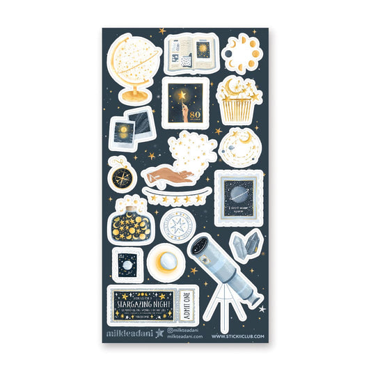 Space-themed sticker sheet with planets, telescope, stars, and moon motifs