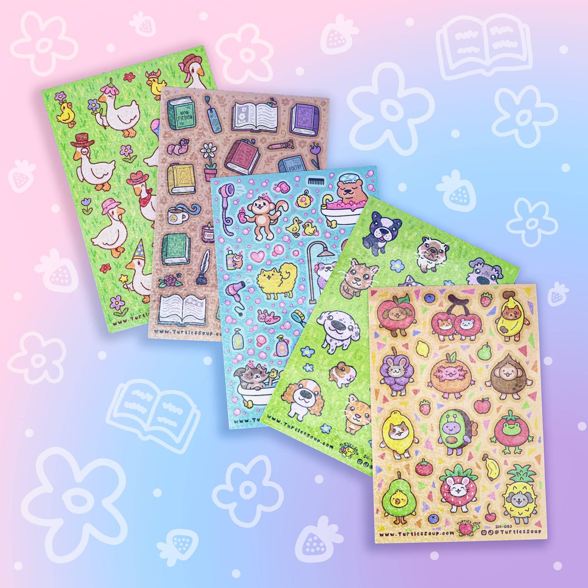 Glitter sticker sheet set with cute animal and book designs