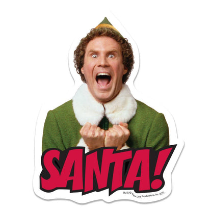 Santa exclamation vinyl sticker with elf character in green coat, open-mouthed pose
