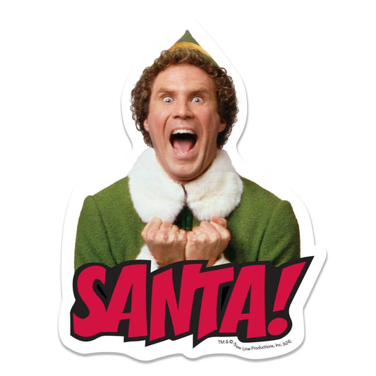 Santa exclamation vinyl sticker with elf character in green coat, open-mouthed pose