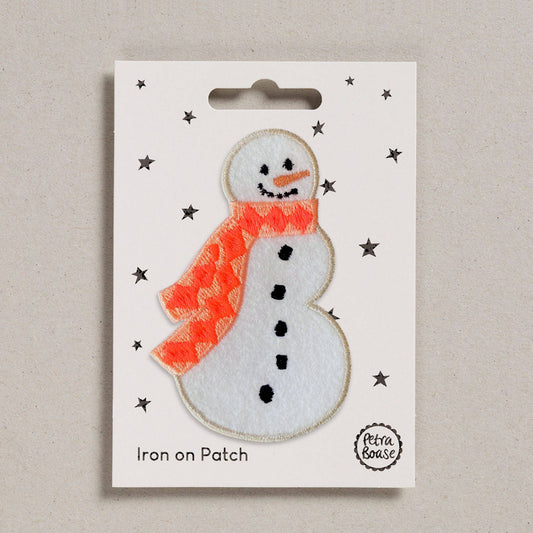 Snowman iron-on embroidered felt patch with orange scarf and carrot nose