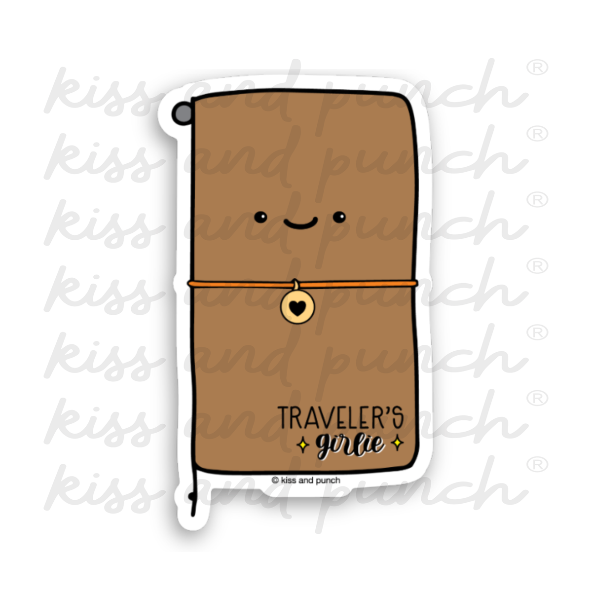 Die-cut vinyl sticker with a smiling brown suitcase, orange strap, and heart charm