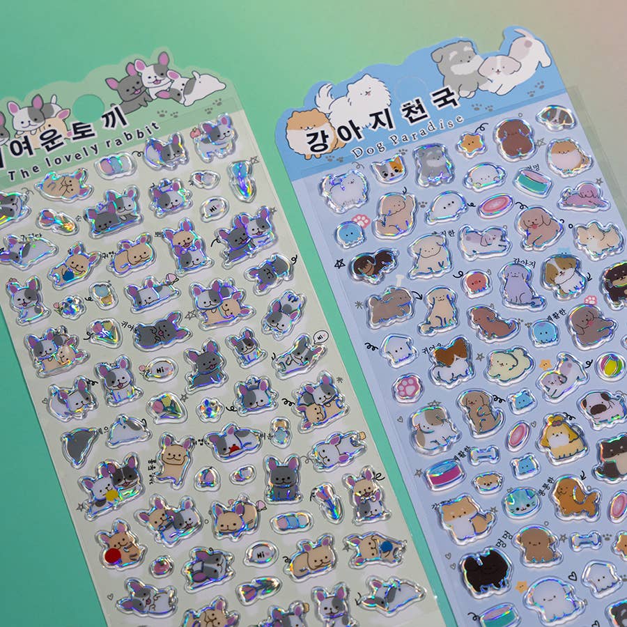 Kawaii animal sticker sheet set with shiny holographic designs in rows on two pages