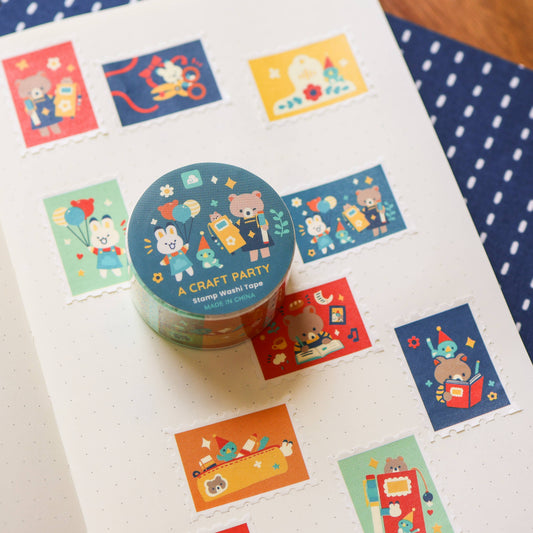 Washi tape roll with party animal stamp designs on a dark blue label