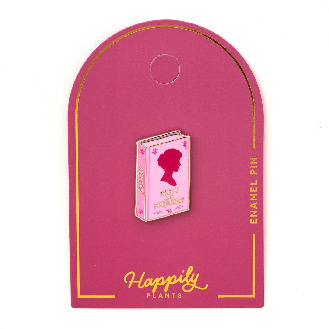 Maroon arch enamel pin holder with gold border and small pink book enamel pin.