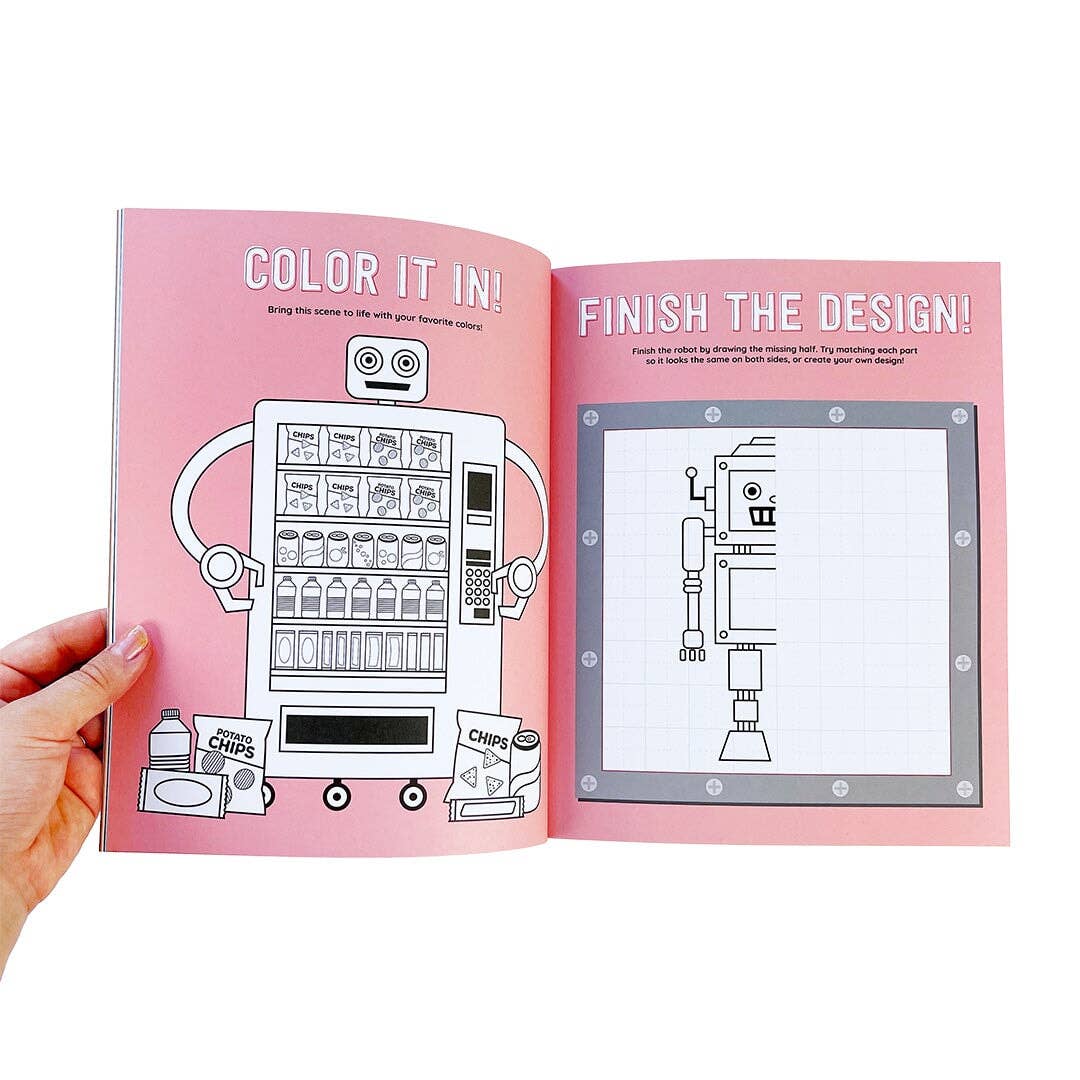 Sticker book spread showing robot design activity: color it in and finish the design