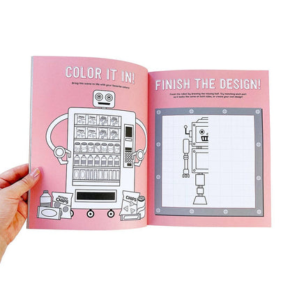 Sticker book spread showing robot design activity: color it in and finish the design