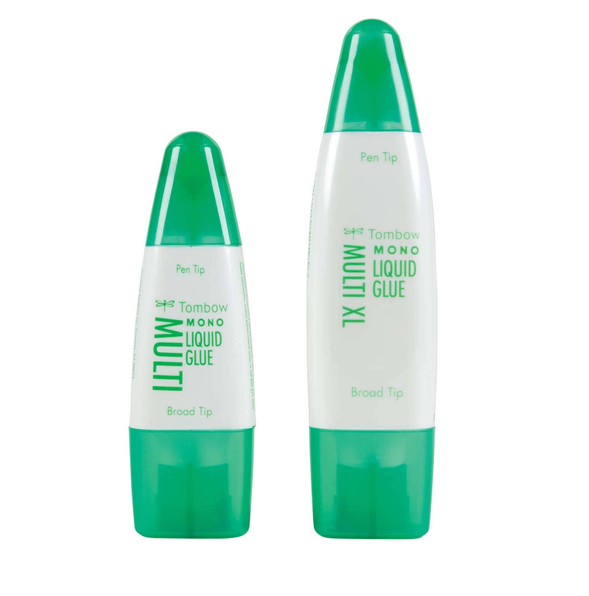Dual-tip liquid glue applicator bottles with pen tip and broad tip caps