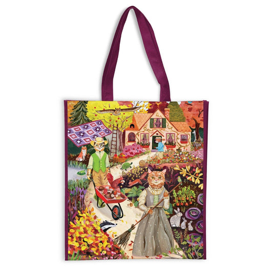 Reusable shopping tote bag with cottage cat art and burgundy handles