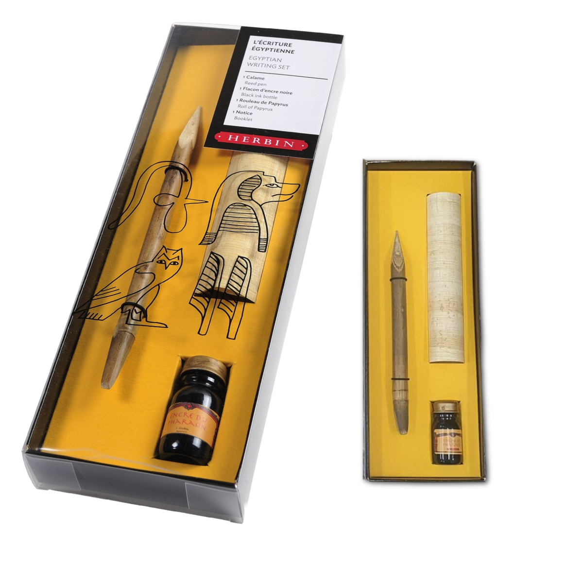 Venetian writing set in box with dip pen, ink bottle, and practice roll