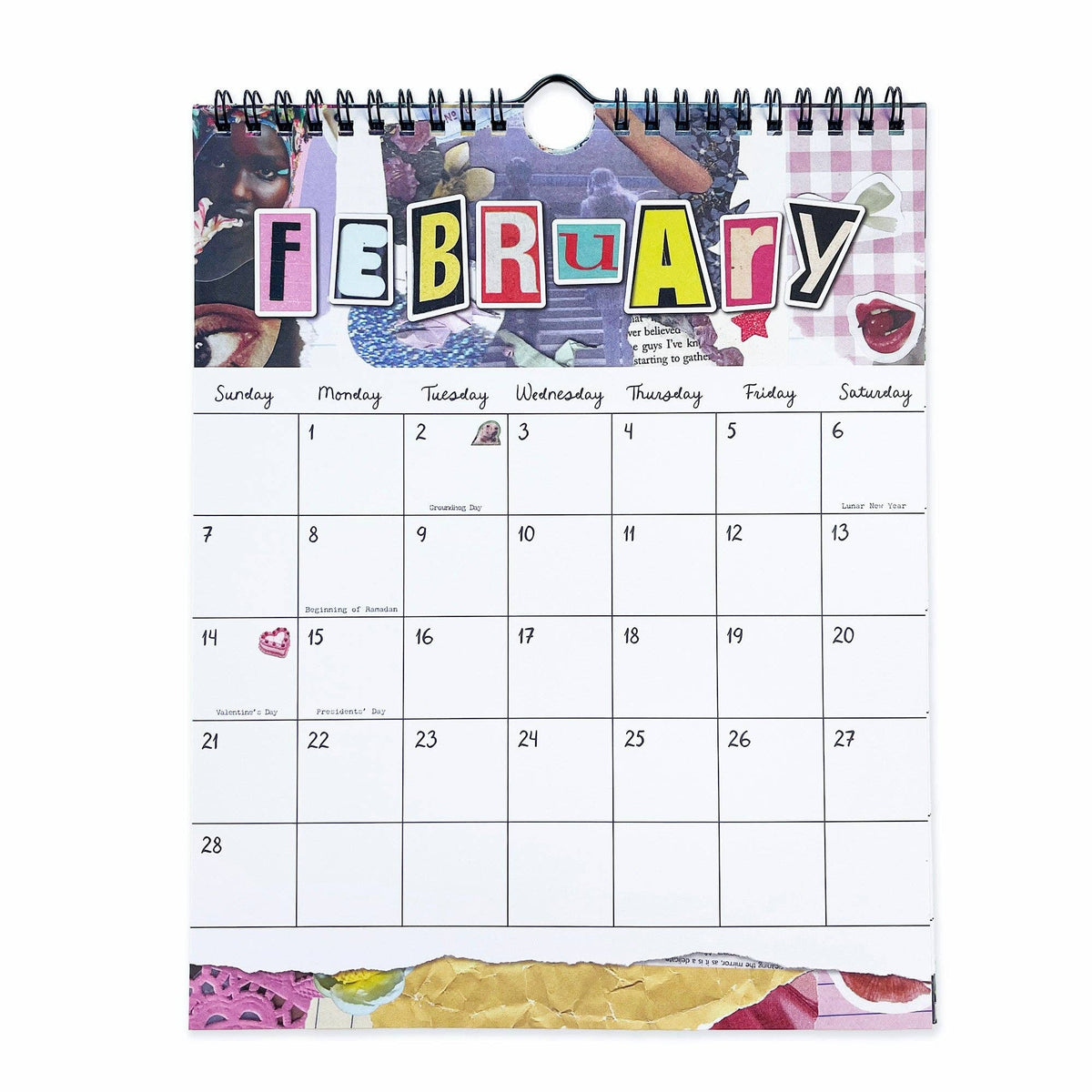 February wall calendar page with spiral binding and bold “FEBRUARY” header above the date grid.