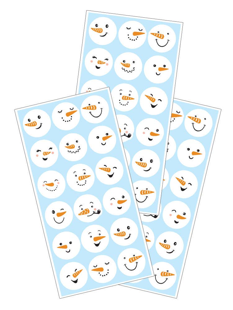 Set of snowman face sticker sheets with round, smiling faces on blue backgrounds