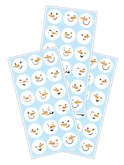 Set of snowman face sticker sheets with round, smiling faces on blue backgrounds