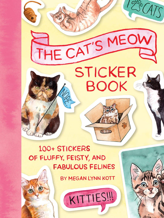 Cat sticker book cover with illustrated kittens and speech-bubble graphics