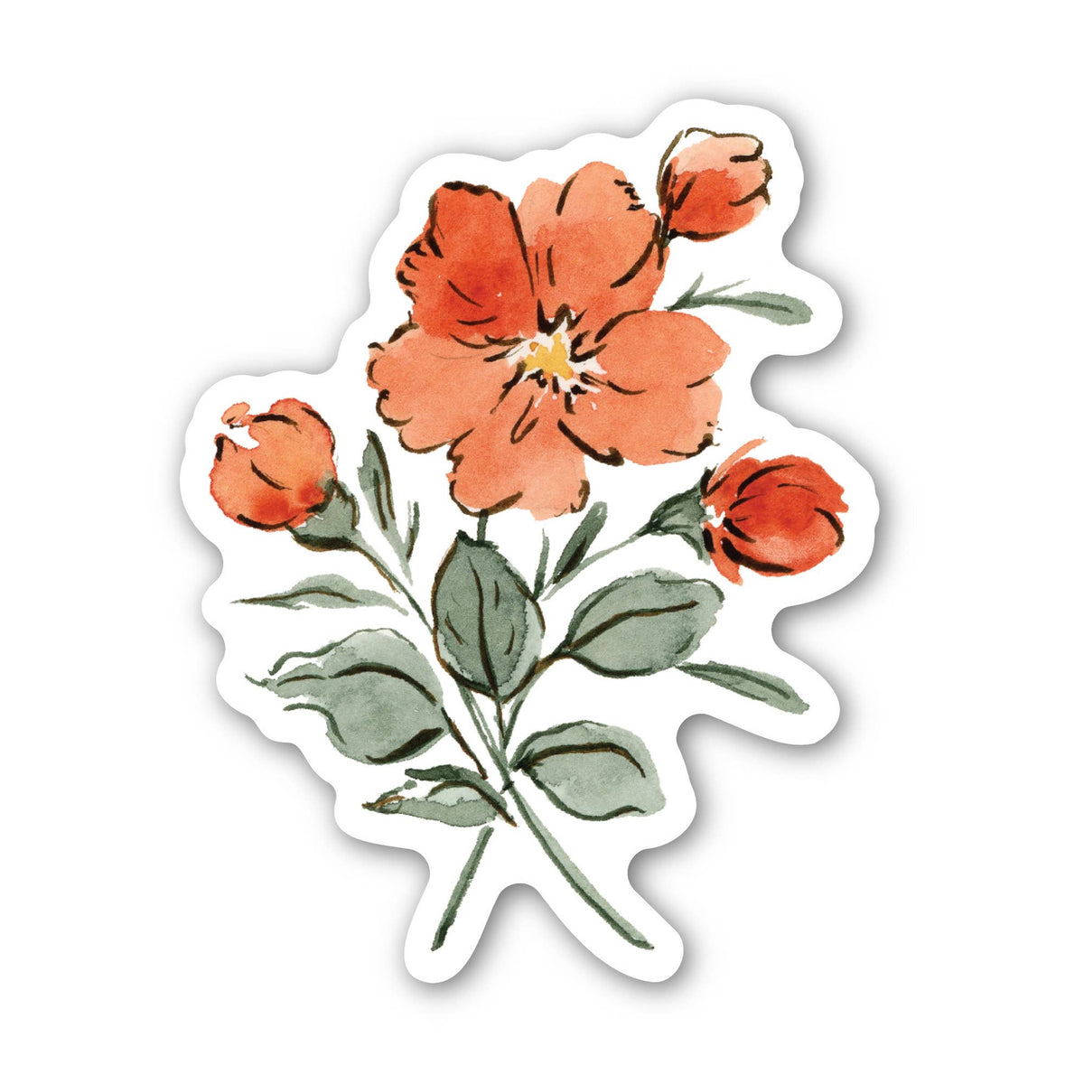 Orange watercolor flower vinyl waterproof sticker, single bloom with leaves and petals