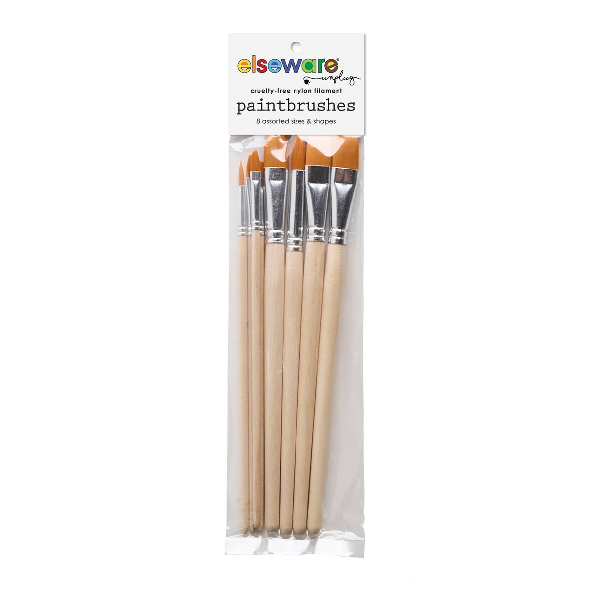 Set of 8 assorted nylon paintbrushes in clear wrapper