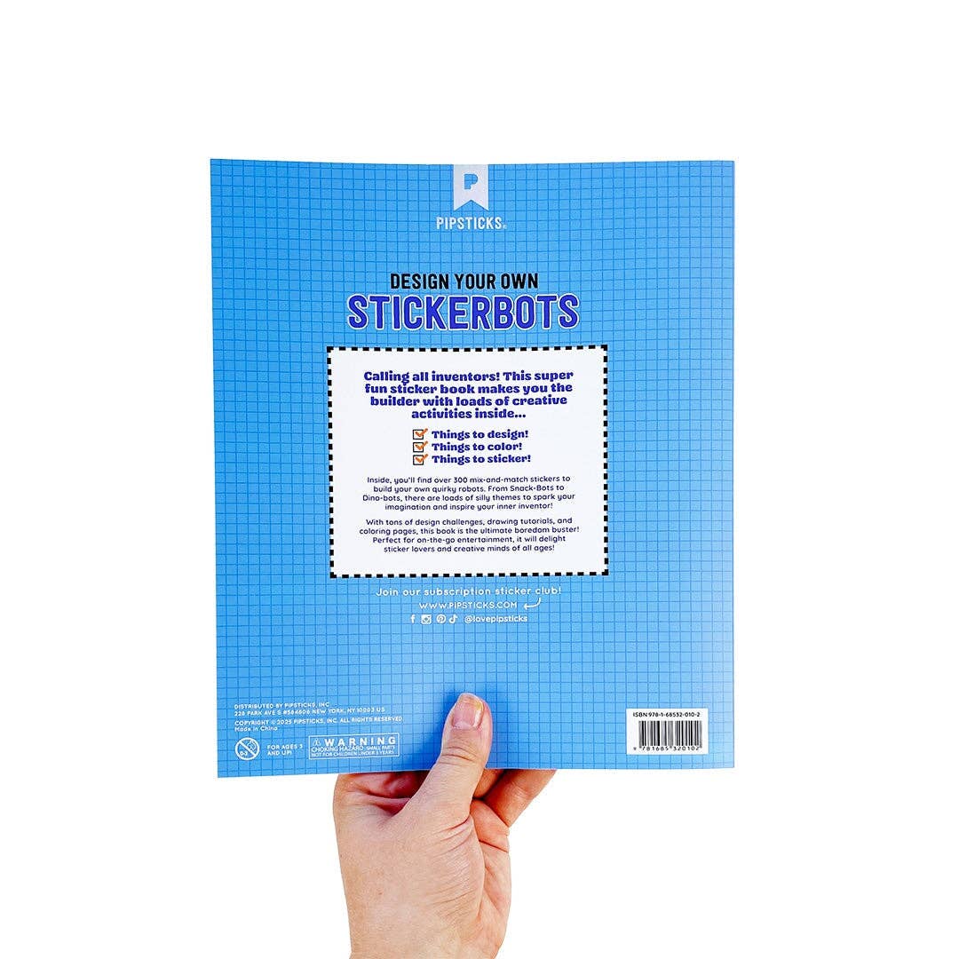 Stickerbots sticker book back cover in blue with robot graphic and label