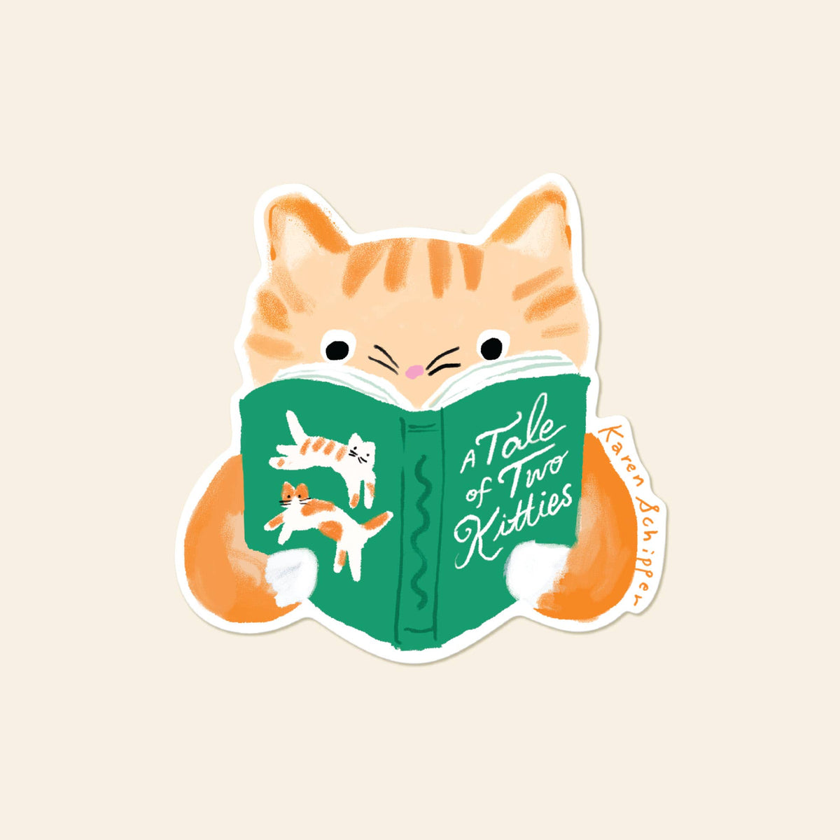 Cat reading a green book sticker with orange and white cat illustrations