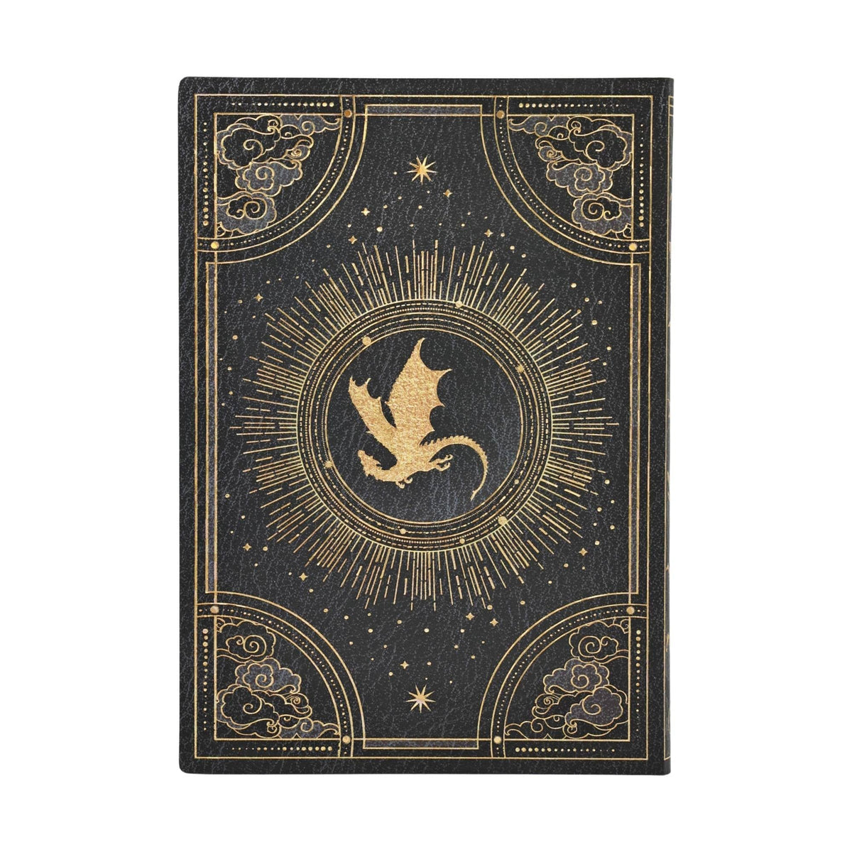 Softcover journal with dark navy cover, gold moon dragon emblem, starry rays