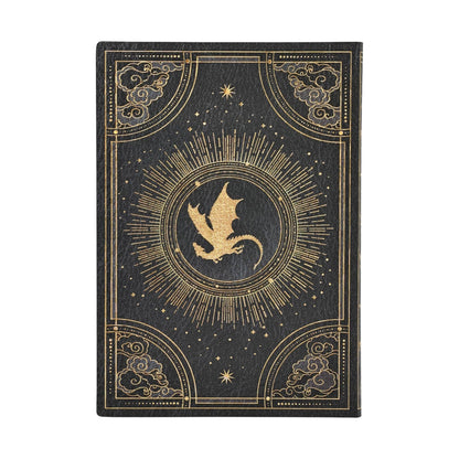 Softcover journal with dark navy cover, gold moon dragon emblem, starry rays