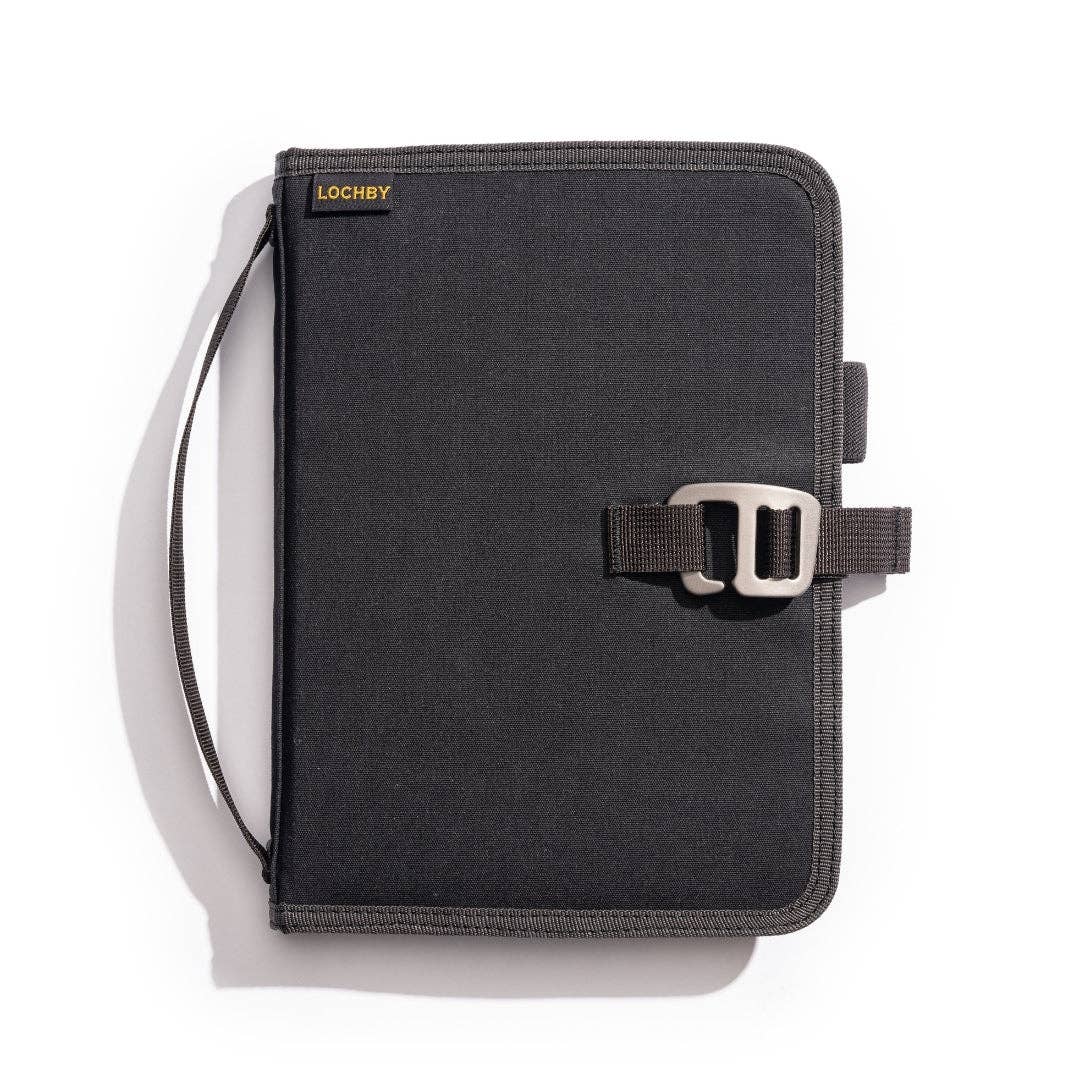 Dark gray A5 field binder with metal buckle and side elastic strap