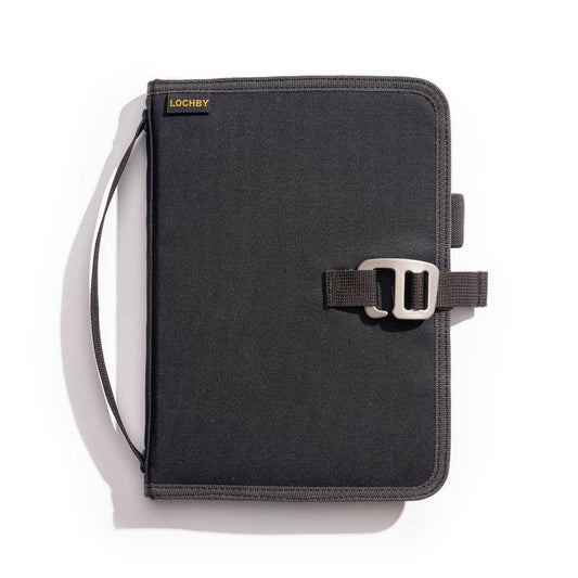 Dark gray A5 field binder with metal buckle and side elastic strap