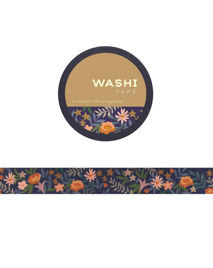 Floral tapestry washi tape roll with dark blue floral stars design