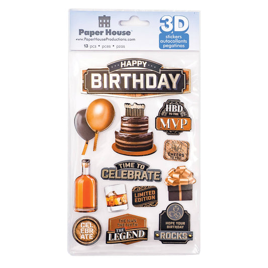 3D happy birthday sticker set in retail package with multiple raised badge icons